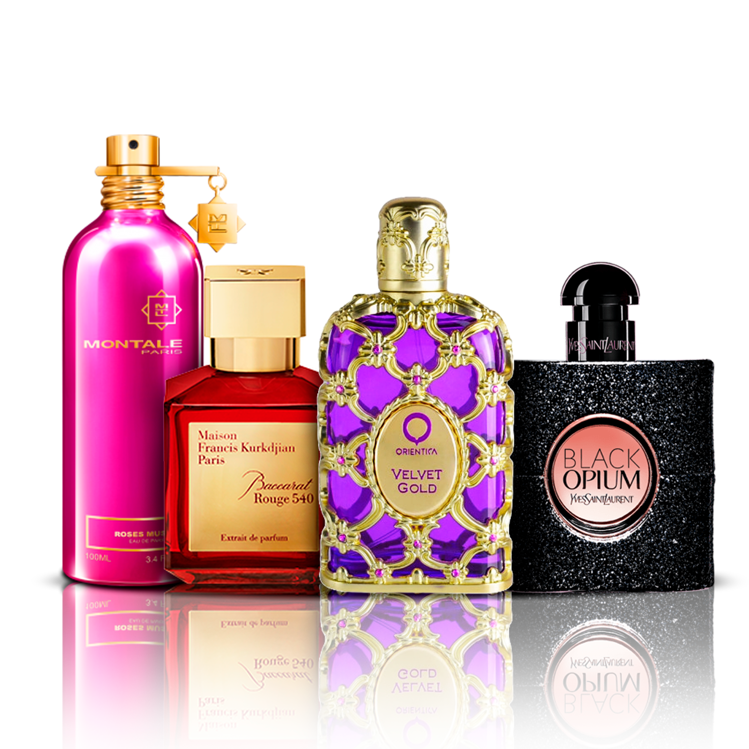 Orientica Velvet Gold + Baccarat Rouge + Black Opium + Montale Roses Musk 100 ml 